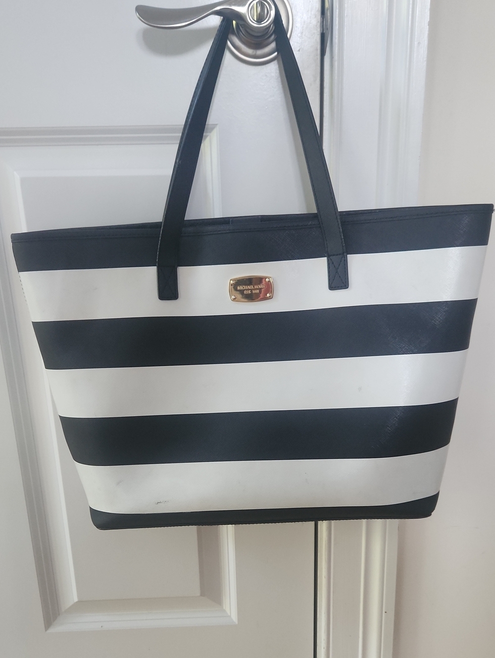 Michael Kors Black and White Striped Saffiano Tote